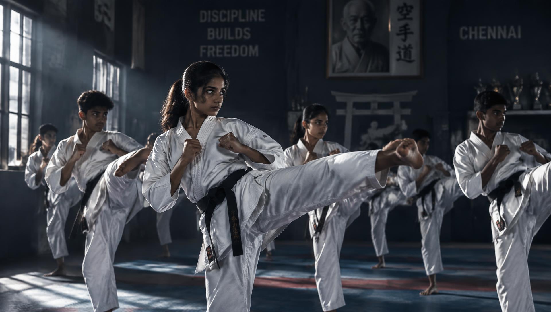 Karate students training in formation